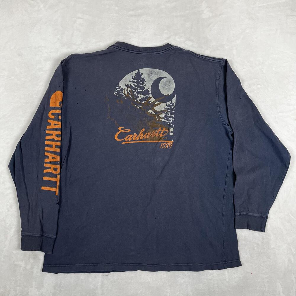 Carhartt Long Sleeve T-Shirt Mens XL Blue Elk Moon Graphic Hunting Trash Faded